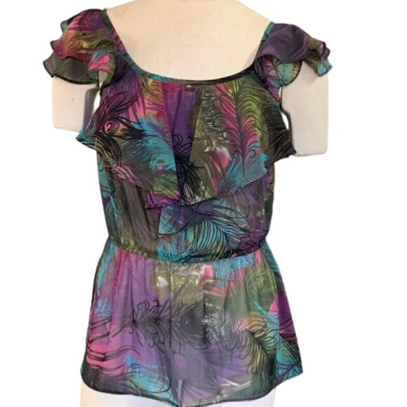 Bisou Bisou Sleeveless Sheer Ruffle Top Peacock Print Sz XS #138J - Picture 1 of 7